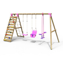 (Sienna, Pink) Rebo Wooden Swing Set with Up and Over Climbing Wall