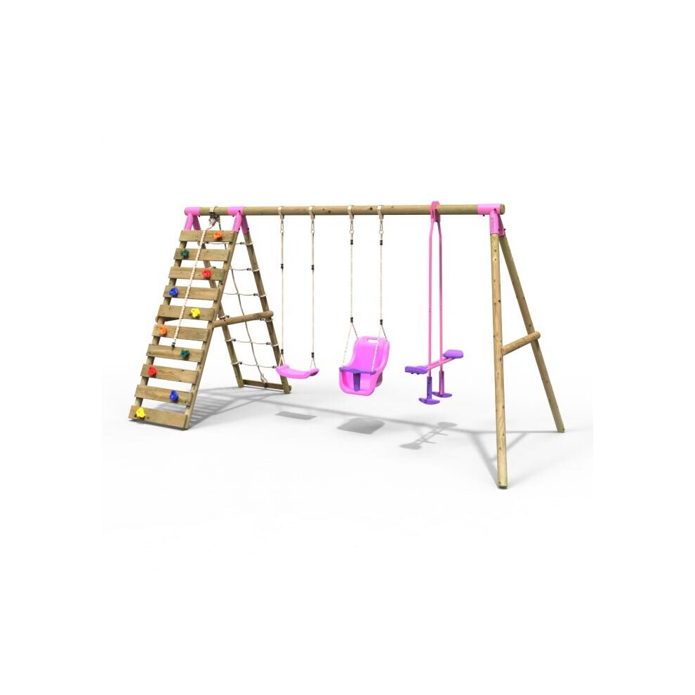 (Sienna, Pink) Rebo Wooden Swing Set with Up and Over Climbing Wall