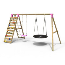 (Vale, Pink) Rebo Wooden Swing Set with Up and Over Climbing Wall