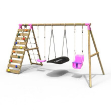 (Skye, Pink) Rebo Wooden Swing Set with Up and Over Climbing Wall