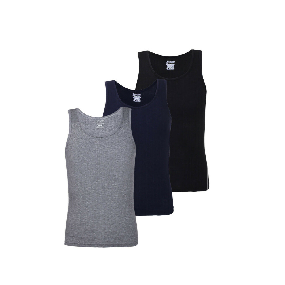 (Black/Grey/White, L) Mens Ribbed 100% Fine Cotton Fitted Slim Fit Athletic Gym Muscle Tank Top Vest (3pcs vest)