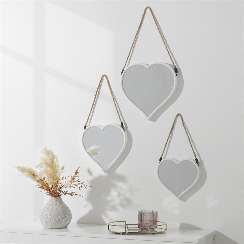 Affordable Home Collection Rope Hanging Heart Mirrors (Set of 3)-White