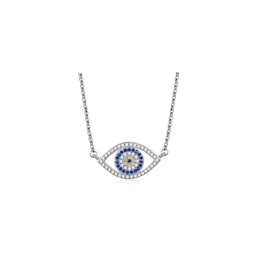 Blue Evil Eye Pendant Necklace Sterling Silver 925 Cubic Zirconia CZ Adjustable Cable Chain 16"/17"/18"