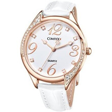 Ladies Watch White Large Dial Face Crystal Diamante White Leather Strap Watch (Rose Gold)