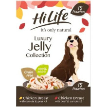 HILIFE it's only natural - Wet Dog Food - The Luxury Jelly Collection - Chicken Breast, Beef, Carrots, Peas - 100% Natural Grain Free, 15 Pouches x