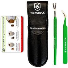 TickCheck Premium Tick Remover Kit (Stainless Steel Tick Remover with Tweezers, Leather Case and Pocket Tick Identification Card)