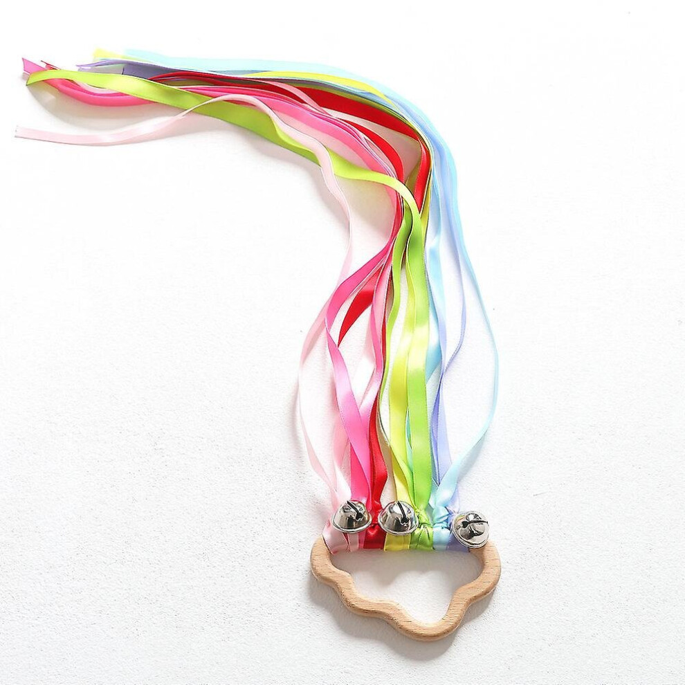 (B) 2pcs Rainbow Ribbon Rattle Ring Toys Molar Wooden Circle Baby Teether Sensory Toy Gifts