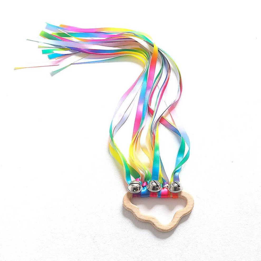 (C) 2pcs Rainbow Ribbon Rattle Ring Toys Molar Wooden Circle Baby Teether Sensory Toy Gifts