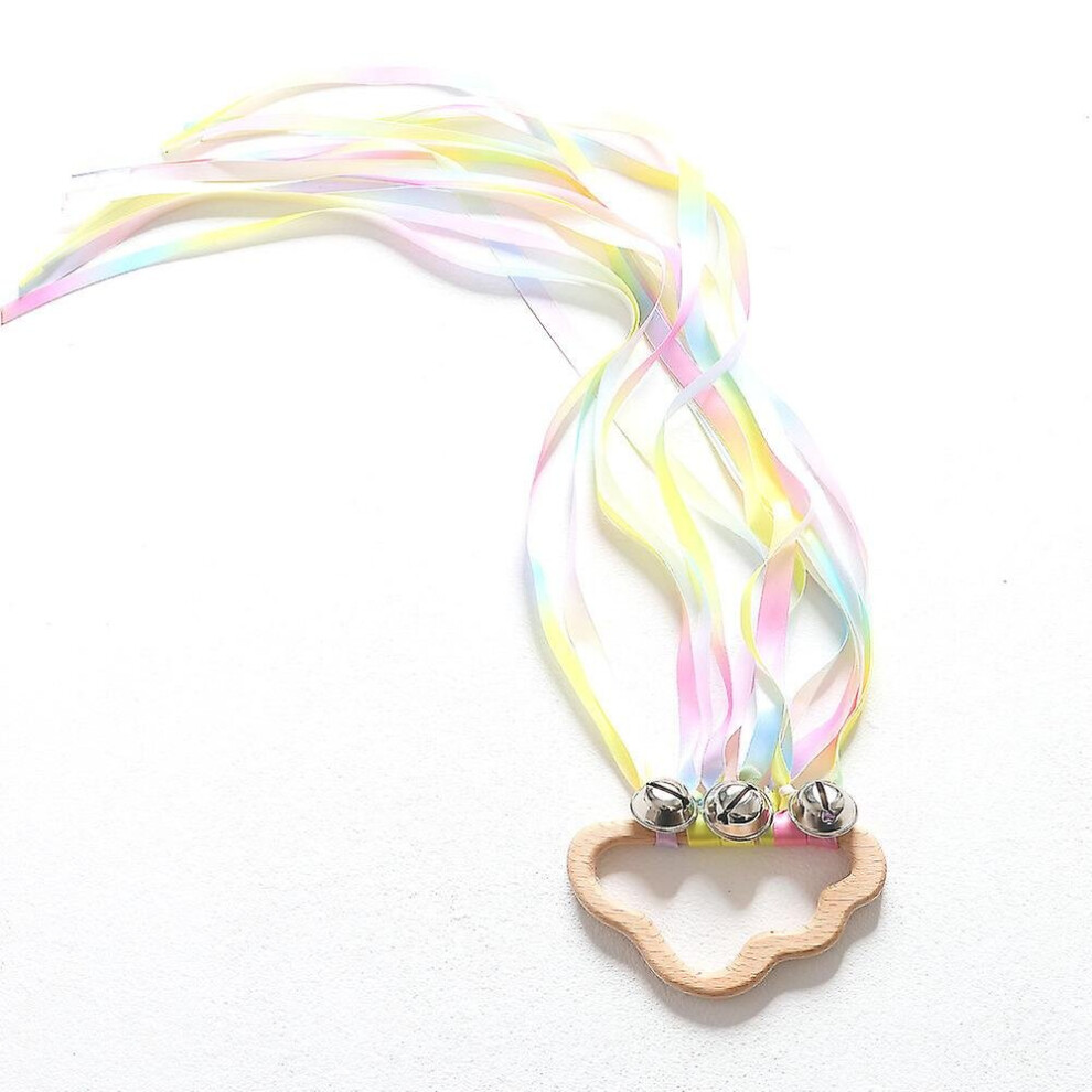 (D) 2pcs Rainbow Ribbon Rattle Ring Toys Molar Wooden Circle Baby Teether Sensory Toy Gifts
