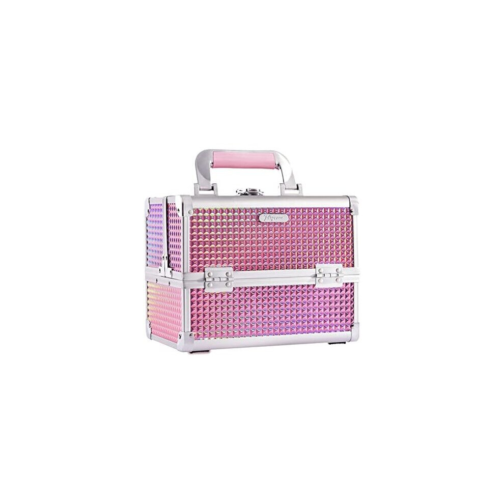 Joligrace Pink Makeup Box Vanity Case Cosmetic Organiser Box Beauty Storage Train Case With Mirror, Lockable With Keys, Holographic