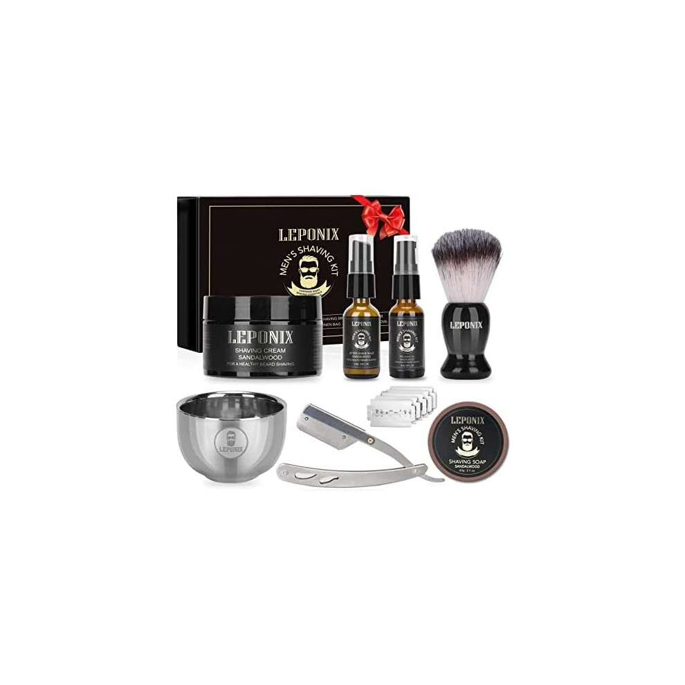 Straight Razor Shaving Kit, Includes Cut Throat Razor, Sandalwood Shaving Cream, Mens After Shave Balm, Pre-Shave Oil,Shaving Brush and Bowl,Shaving