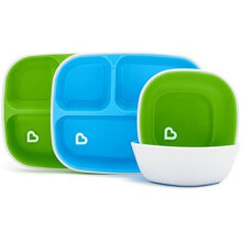 Munchkin Splash 4 Piece Toddler Divided Plate and Bowl Dining Set, Blue/Green