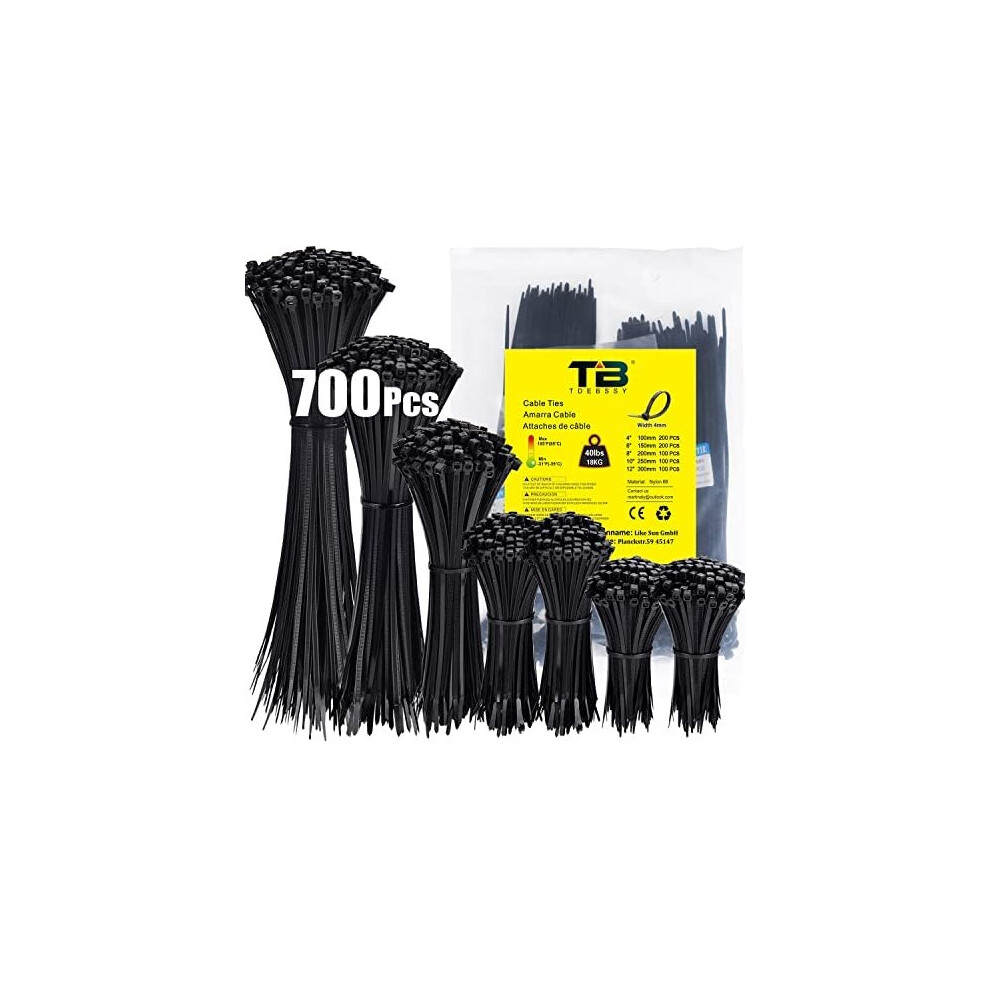 700 Pack Cable Ties Assorted Sizes 100/150/200/250/300mm Black Cable Zip Ties Heavy Duty Tie Wraps Assorted Plastic Zip Ties 40lbs Wire Ties Black