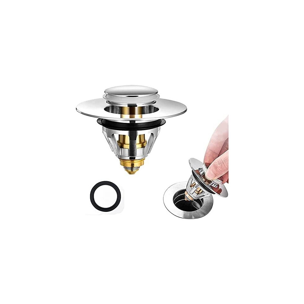 Universal Bathroom Sink Plug, Pop Up Sink Hole Plug Cover with Strainer for 1.34-1.5in Drain Holes, Stainless Steel Push ?Style Plug for Sink, Plug