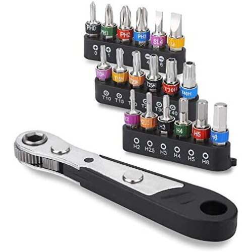 DerBlue 19pcs S2 Micro Ratchet Wrench Screwdriver Bit Set with Phillips,Slotted,Hexagon and Torx 1/4" Drive Size,Reversible Drive Handle and Multi