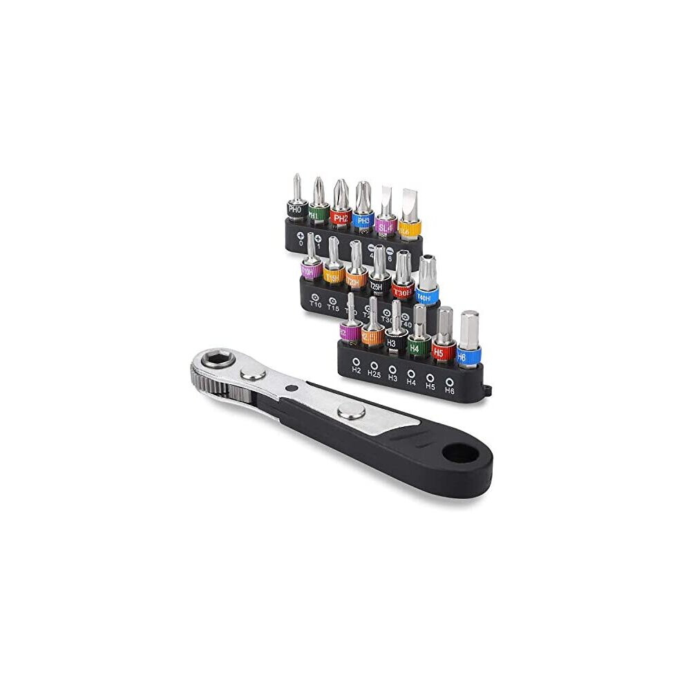 DerBlue 19pcs S2 Micro Ratchet Wrench Screwdriver Bit Set with Phillips,Slotted,Hexagon and Torx 1/4" Drive Size,Reversible Drive Handle and Multi-image-OPC-P9R959X-NEW