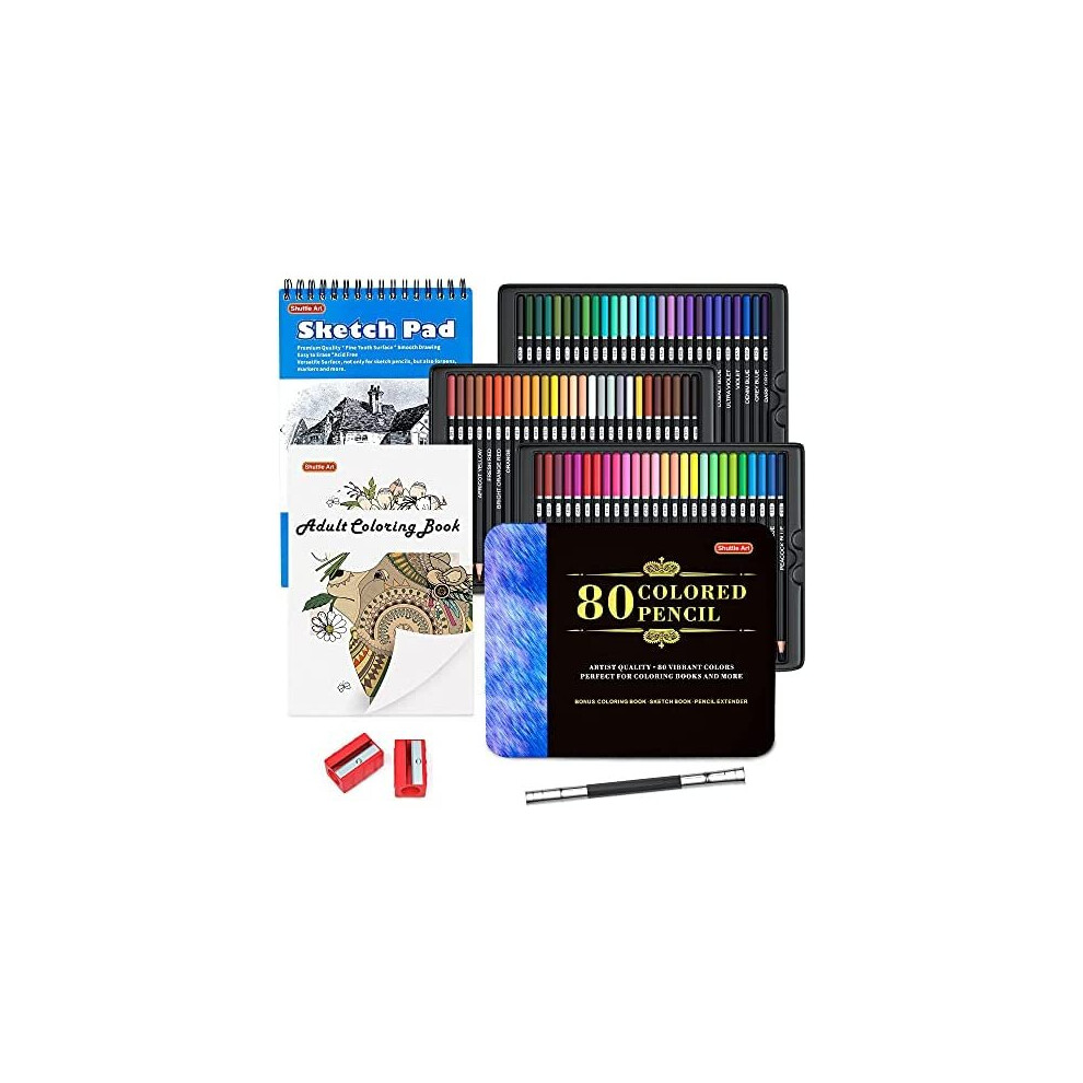 80 Colours Professional Colouring Pencils, Shuttle Art Soft Core Coloured Pencil Set with 1 Colouring Book,1 Sketch Pad, 2 Sharpener, 1 Pencil