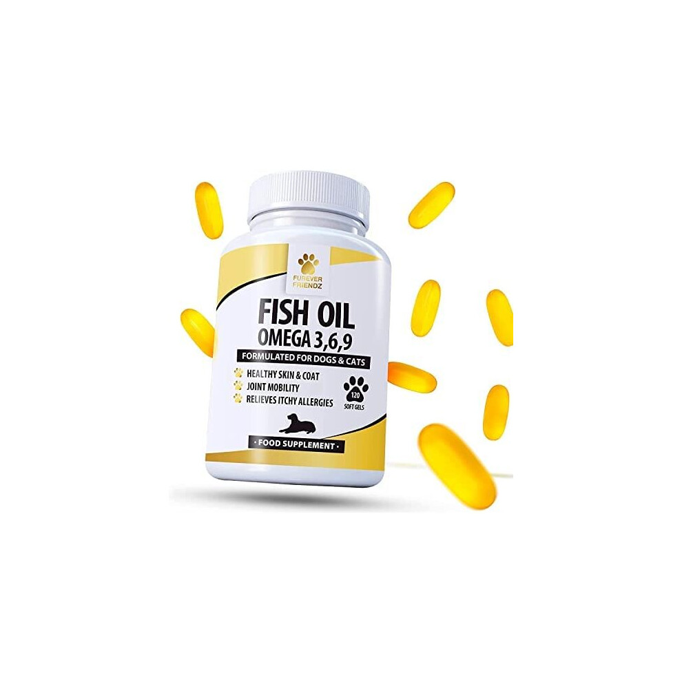 Fish Oil Omega Supplements for Dogs and Cats - 120 Softgels for Pets - Great for Itchy Dry Skin, Allergies & Dandruff ? Furever Friendz