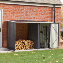 (Charcoal Black) Steel Outdoor Garden Storage Shed with Log Stacking Rack