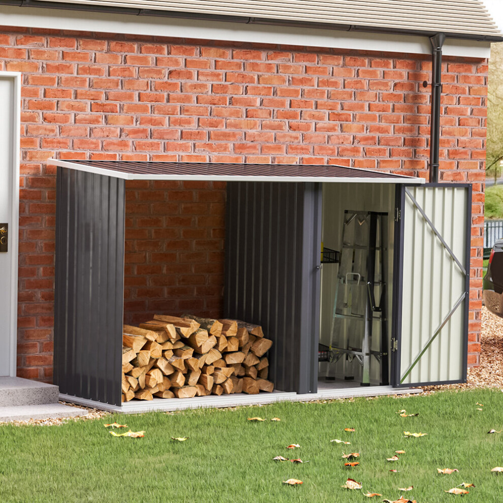 (Charcoal Black) Steel Outdoor Garden Storage Shed with Log Stacking Rack