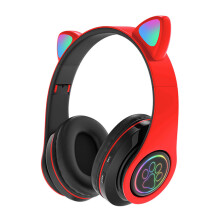 (Red) Wireless Cat Ear Headphones Bluetooth Headset LED Lights Earphone For Kids Gift