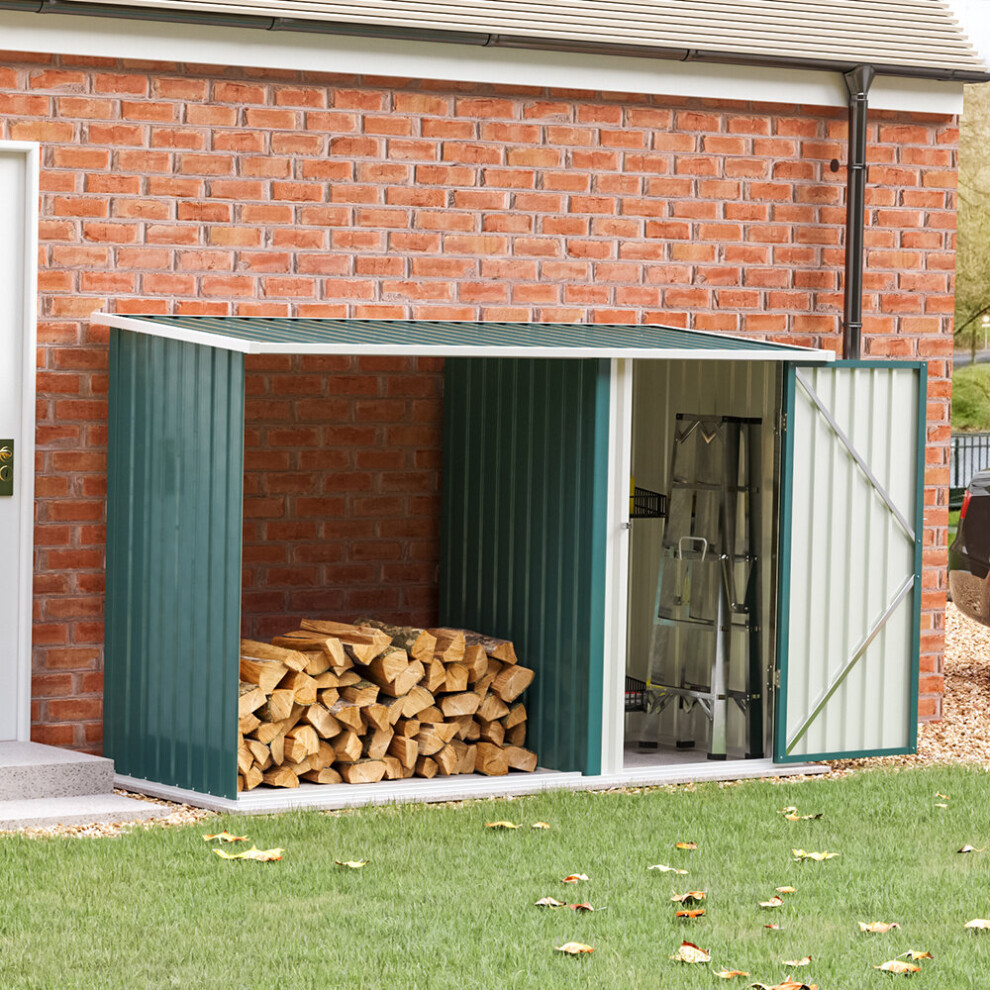 (Green) Steel Outdoor Garden Storage Shed with Log Stacking Rack