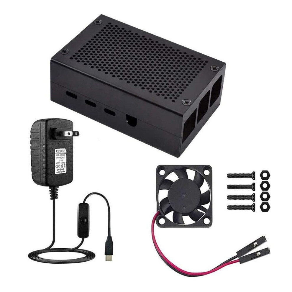 (Black) Case for Raspberry Pi 4 with Aluminum Metal Cooling Fan 5V 3A USB-C Power Supply ON/Off Switch