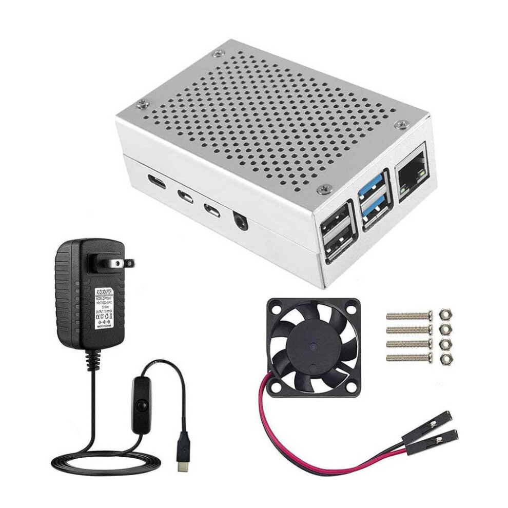 (Silver) Case for Raspberry Pi 4 with Aluminum Metal Cooling Fan 5V 3A USB-C Power Supply ON/Off Switch