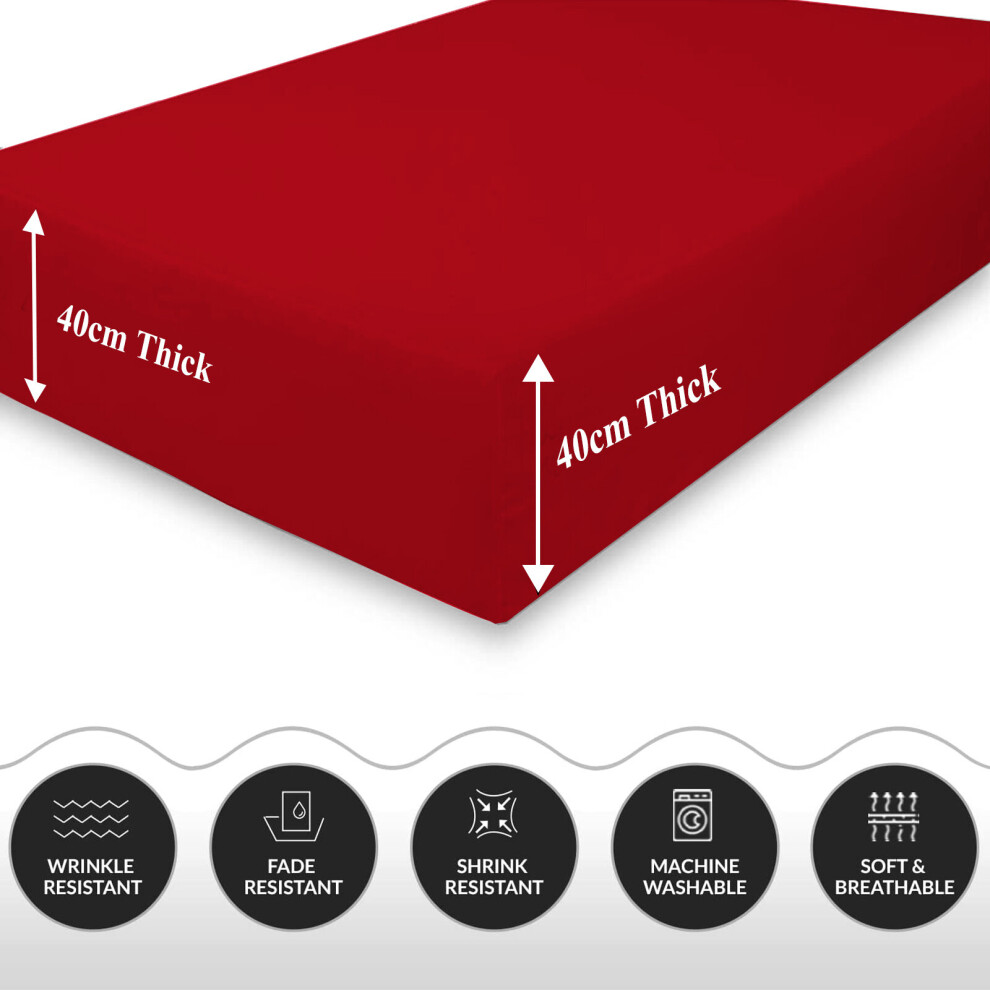 (Red, Double) Extra Deep Fitted Sheets 40cm Bedsheet Single Double King & Super King