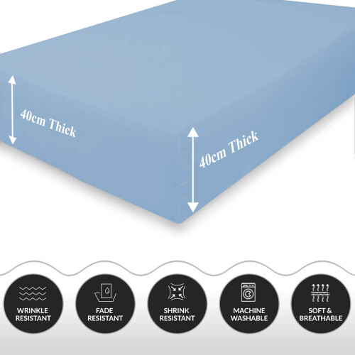 (Sky Blue, Double) Extra Deep Fitted Sheets 40cm Bedsheet Single Double King & Super King