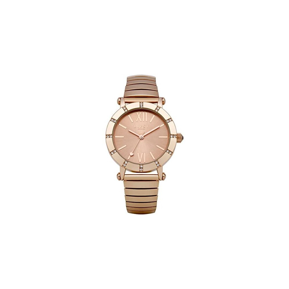 Lipsy London Womens Watch with Diamante, Rose Gold Dial and Rose Gold Expander Bracelet, 35mm Diameter Case in Branded Watch Box LP100-2 Year Warranty