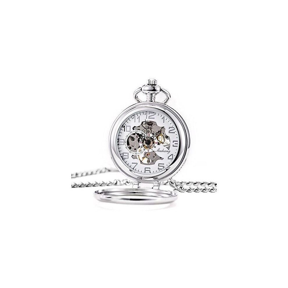 TREEWETO Steampunk Mechanical Pocket Watch for Men Women Silver Case Skeleton Dial with Chain +Box