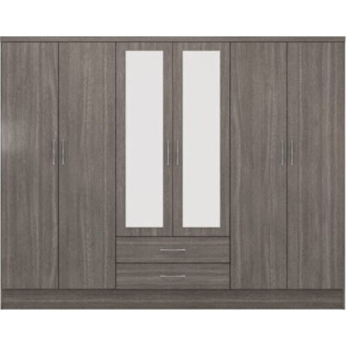 Nevada 6 Door 2 Drawer Mirrored Wardrobe Black Wood Grain