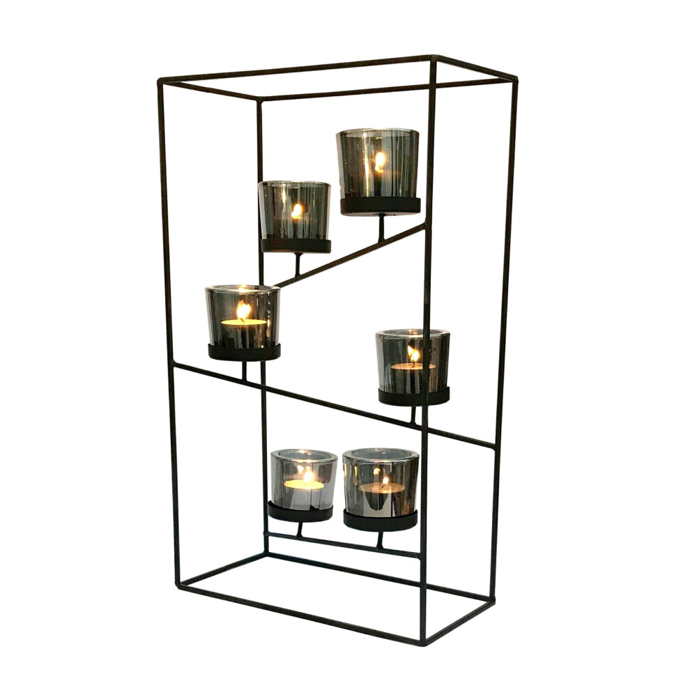 Candle Glass Tea Light Stand Tiered Black Metal Glass Candle Holder