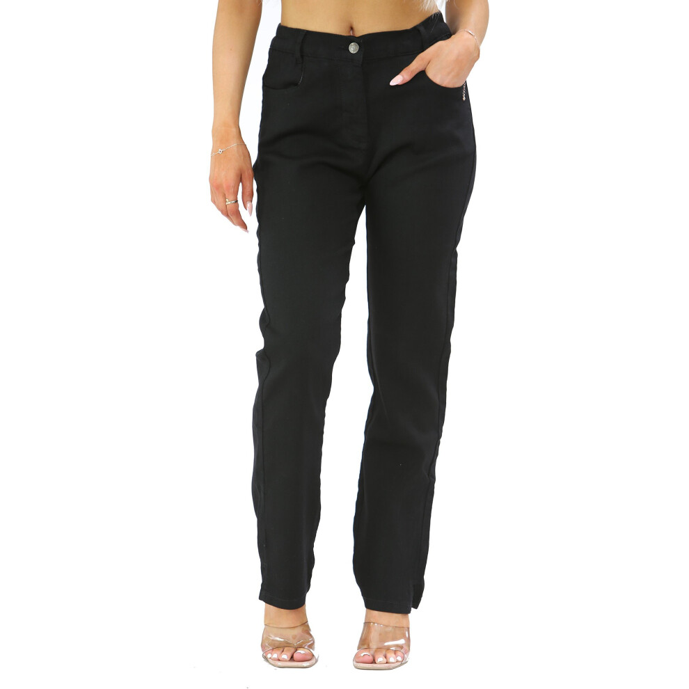 (Black, 12) Womens Side Elastic Waist Jeans Ladies Straight Leg Regular Fit Denim Size 10-30