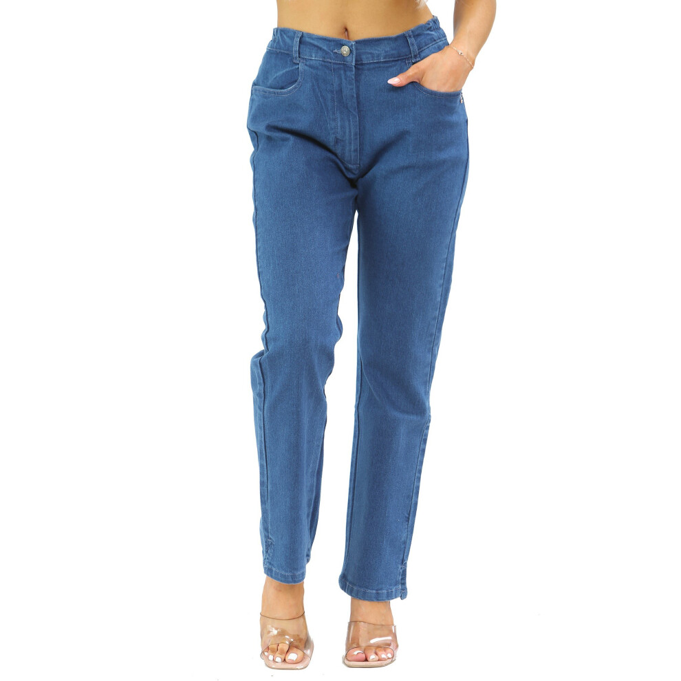 (MSW, 14) Womens Side Elastic Waist Jeans Ladies Straight Leg Regular Fit Denim Size 10-30
