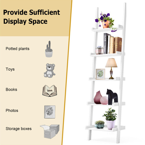 Costway 5 Tier Wooden Leaning Ladder Shelf Unit Bookcase Display Wall Rack 2