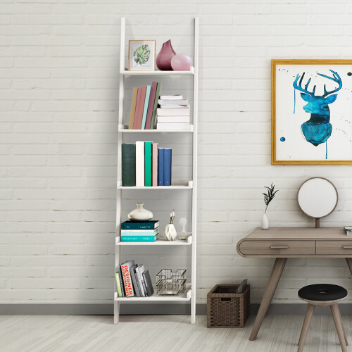 Costway 5 Tier Wooden Leaning Ladder Shelf Unit Bookcase Display Wall Rack