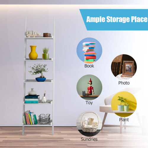 Costway 5 Tier Wooden Leaning Ladder Shelf Unit Bookcase Display Wall Rack 1