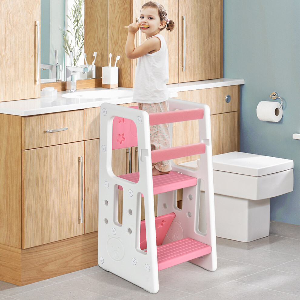 Kids Kitchen Step Stool w/ Double Safety Rails & 3 Adjustable Heights