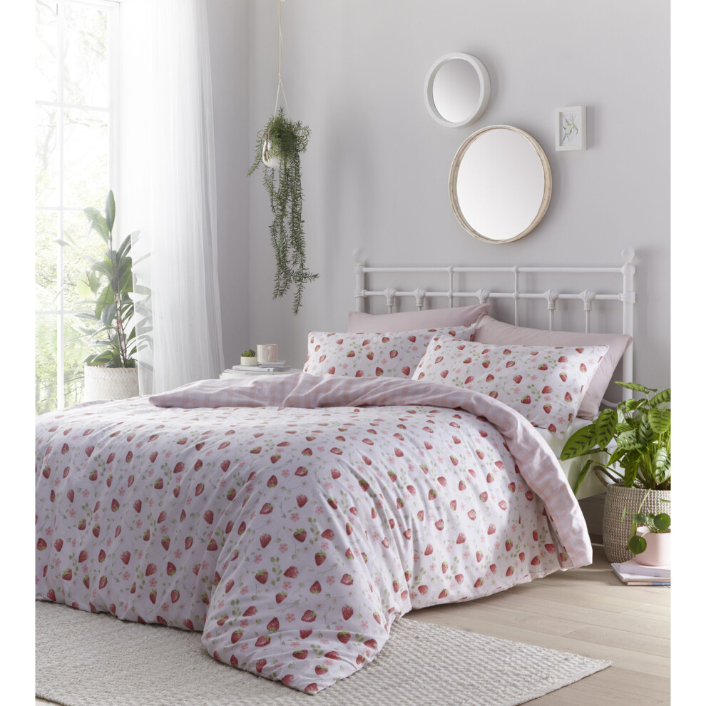 (Double) Portfolio Home Strawberry Fields Reversible Duvet Cover Set Floral Pastel Pink