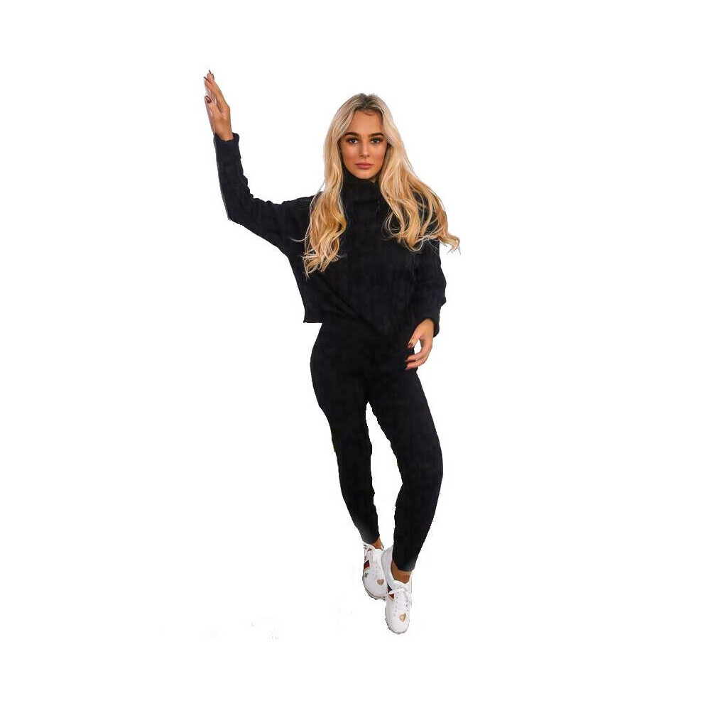 (Black, ML UK 12-14) Ladies Chunky Cable Knitted Polo High Neck Top Leggings Loungewear Suit Set 8-14