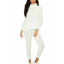 (Cream, SM UK 8-10) Ladies Chunky Cable Knitted Polo High Neck Top Leggings Loungewear Suit Set 8-14