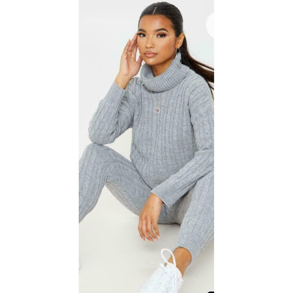 (Silver, ML UK 12-14) Ladies Chunky Cable Knitted Polo High Neck Top Leggings Loungewear Suit Set 8-14