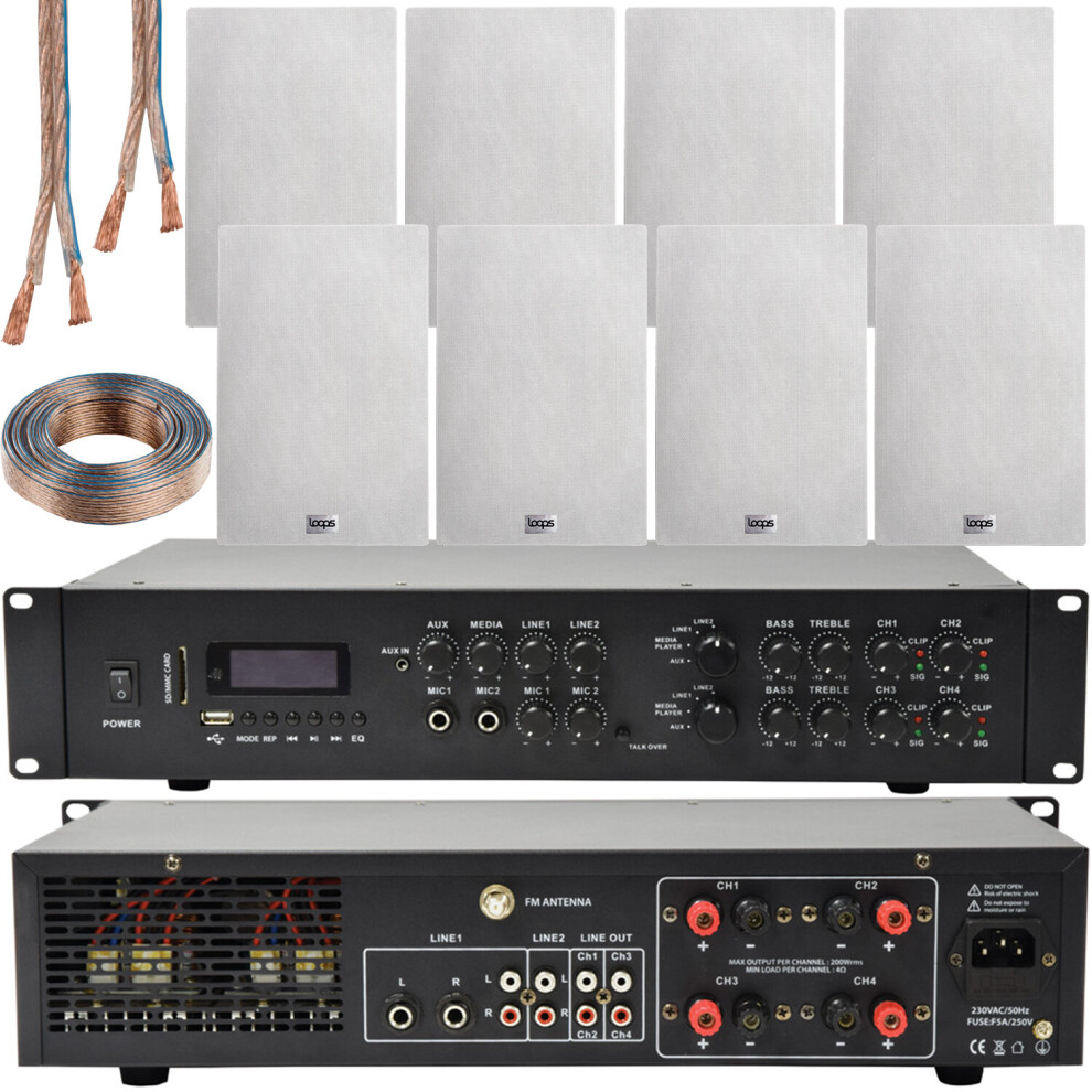 Loops 1100W Bluetooth Sound System & 8X 140W In Wall Speakers - 4 Zone Multi Room Amp