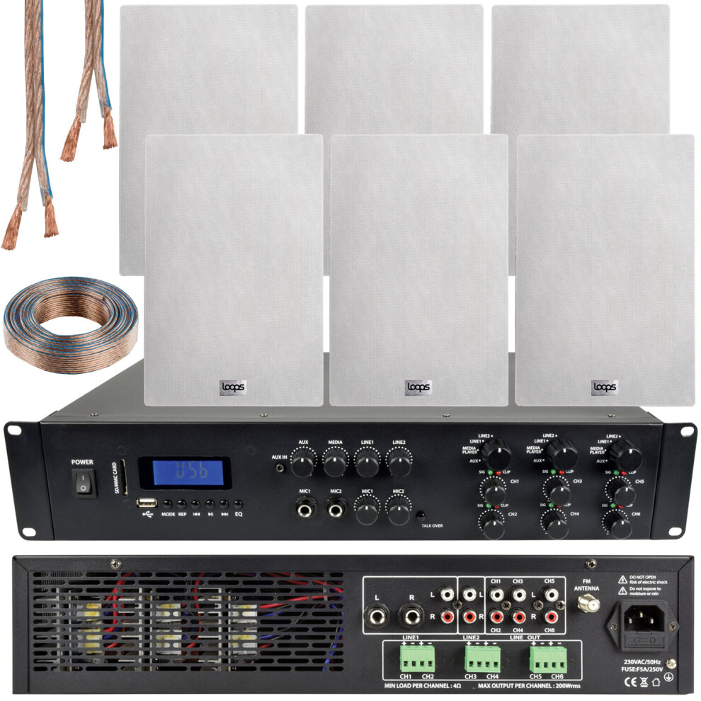 Loops 1650W Bluetooth Sound System & 6X 140W In Wall Speakers - 6 Zone Multi Room Amp