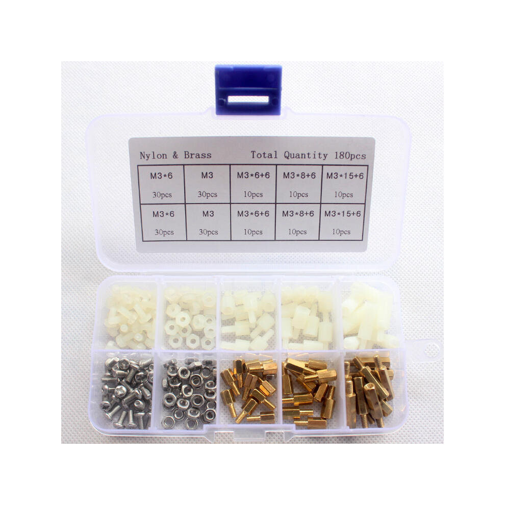 M3BN6 180Pcs M3 Nut Screw Standoff Set Nylon Stainless Steel Brass Hex Standoff Nut Screw Set Assortment Kit with Storage Box