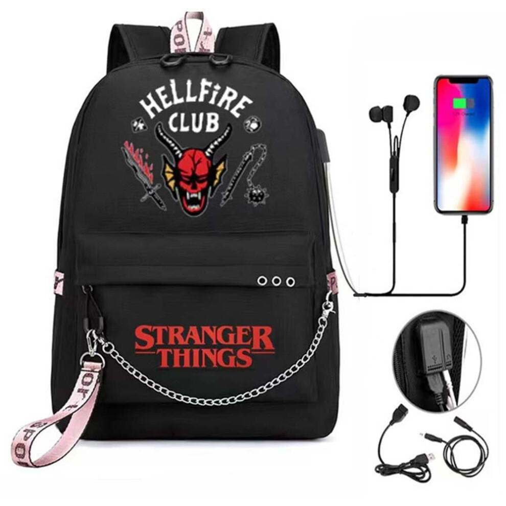 Stranger Things Hellfire Club Unisex School Backpack Rucksack Laptop Bag Usb Black