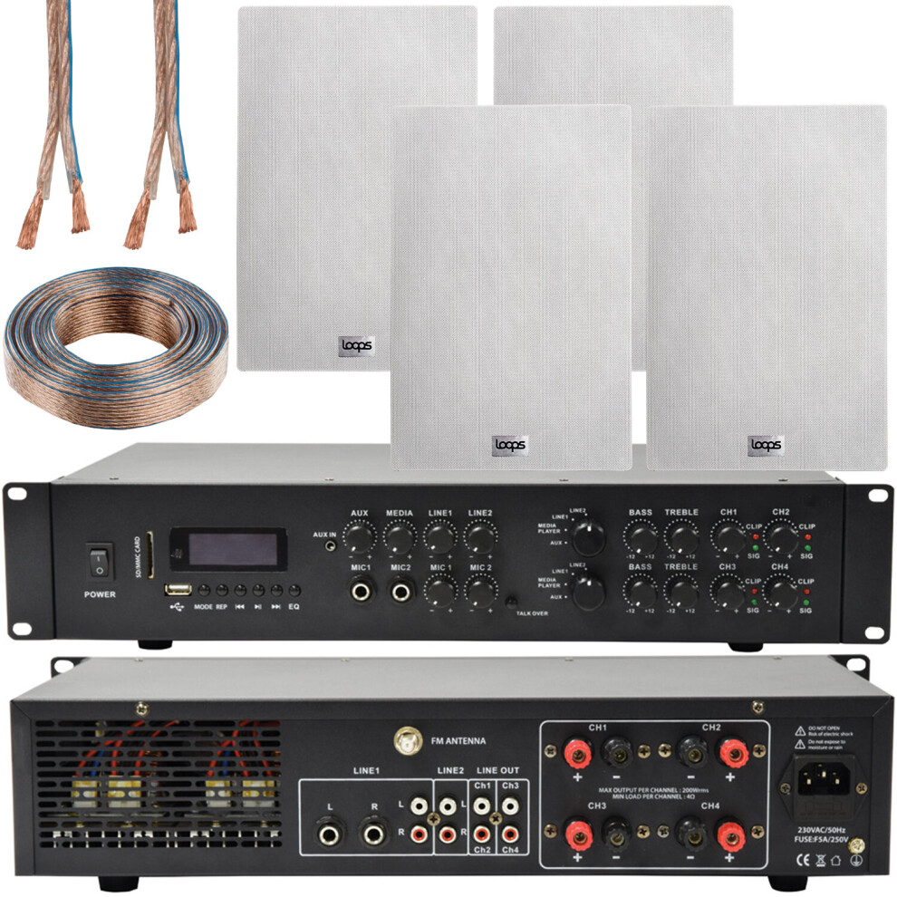 Loops 1100W Bluetooth Sound System & 4X 140W In Wall Speakers - 4 Zone Multi Room Amp