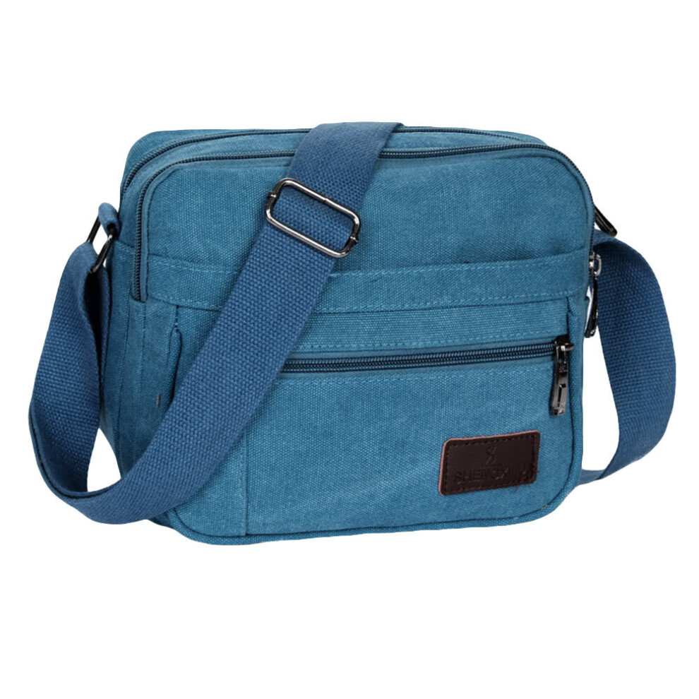 (Blue) Unisex Canvas Crossbody Bag Zipped Pocket Casual Travel Outdoor Small Shoulder Bag